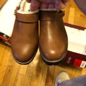 Kensie Brown Mules with Gold Accents